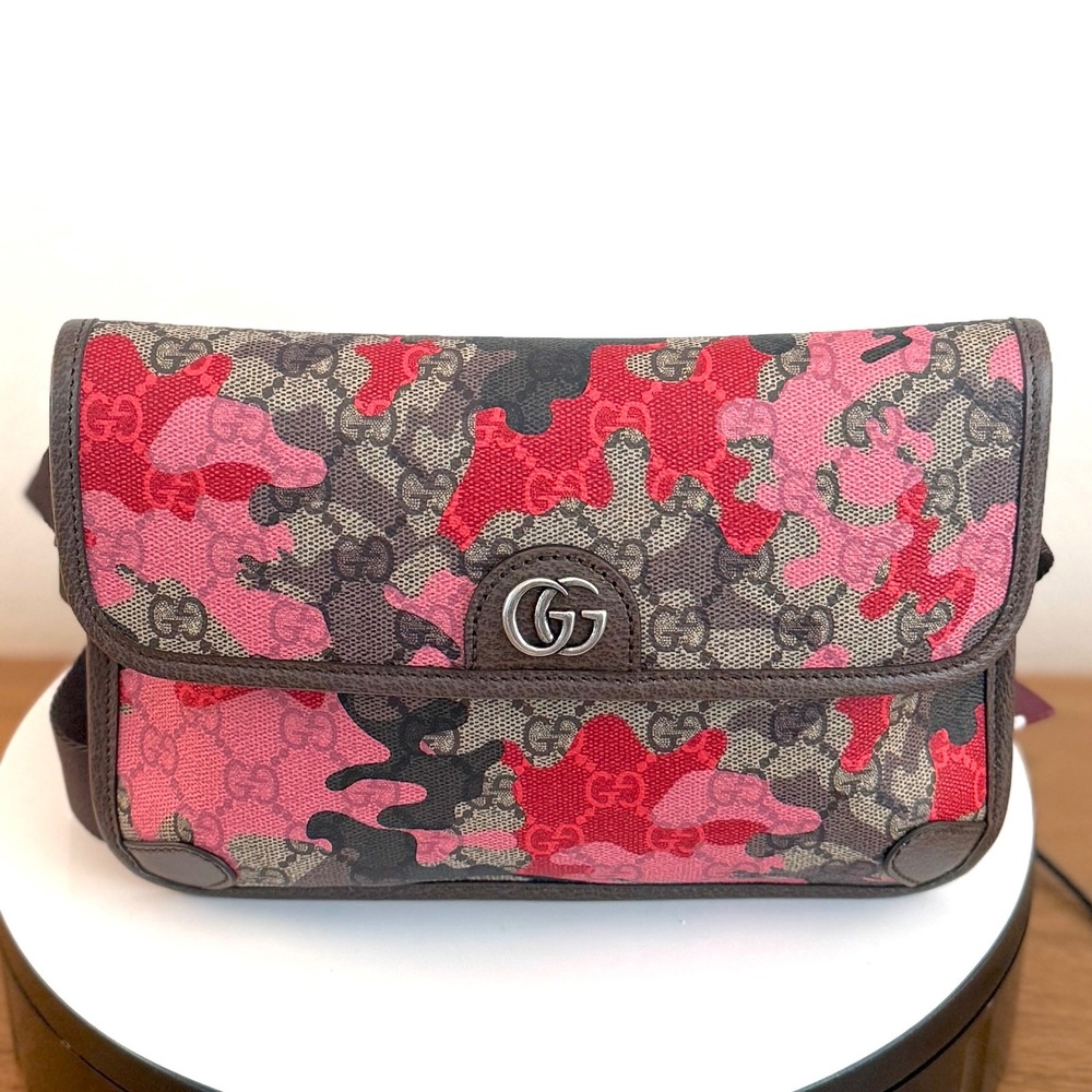 Gucci 752597 GG Supreme Pink Red Camo Belt Bag Waist Pouch Monogram
